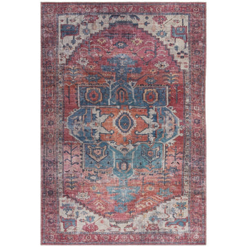 Washable Kaya Shiva KY01 Traditional Persian Vintage Distressed Floral Durable Chenille Polyester Flatweave Red/Blue/Multicolour Rug-Asiatic Carpets-Rug Love - The Most Loved Rug Store